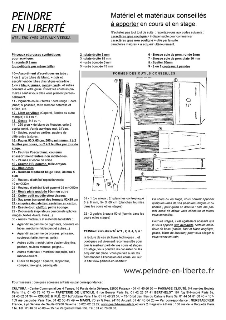 Liste matériel cours et stages de peinture
