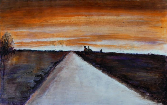 Lucienne Cywier 2005 - Route secondaire filant vers l'horizon - Peinture acrylique sur papier.