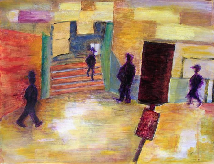 Lucienne Cywier 2005 - Passants solitaires dans les couloirs du métro - Acrylique et techniques mixtes sur papier.