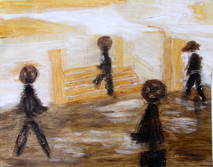 Saïda Nousseir 2005 - Passants solitaires dans les couloirs du métro - Acrylique et techniques mixtes sur papier.