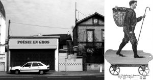 Une automobile est garée devant un entrepôt de poésie en gros ; un homme sur une planche équipée de roulettes, un bâton de marche à la main, transporte des enfants apeurés dans un panier.