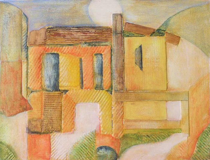 Interprétation d'une maison en ruine au moyen de collages et empreintes à la peinture acrylique.