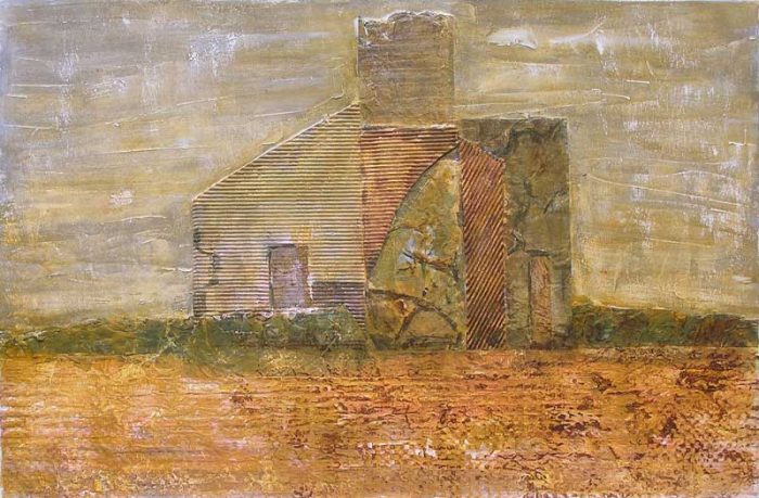 Interprétation d'une maison en ruine au moyen de collages et empreintes à la peinture acrylique.