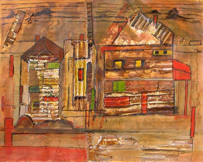 Interprétation d'une maison en ruine au moyen de collages et empreintes à la peinture acrylique.