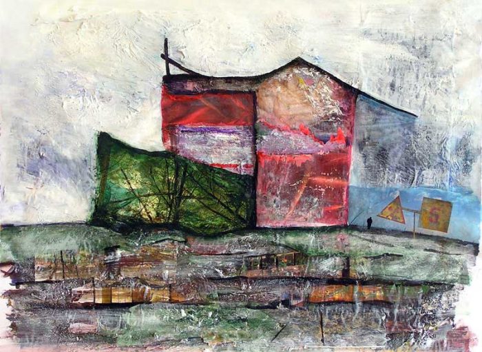 Interprétation d'une maison en ruine au moyen de collages et empreintes à la peinture acrylique.