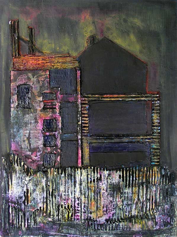 Interprétation d'une maison en ruine au moyen de collages et empreintes à la peinture acrylique.