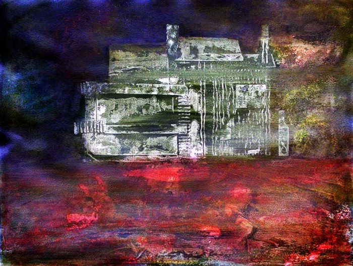 Interprétation d'une maison en ruine au moyen de collages et empreintes à la peinture acrylique.