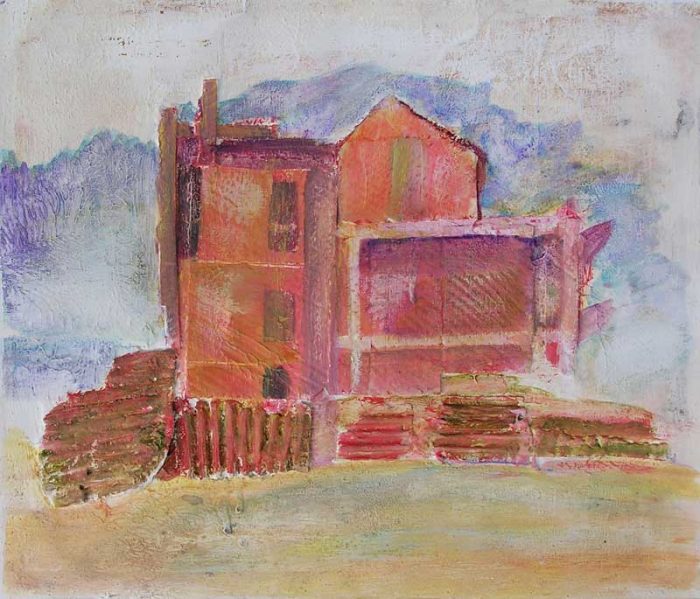 Interprétation d'une maison en ruine au moyen de collages et empreintes à la peinture acrylique.