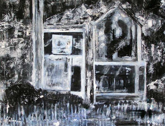 Interprétation d'une maison en ruine au moyen de collages et empreintes à la peinture acrylique.