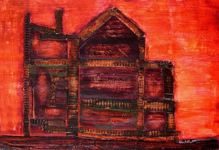 Interprétation d'une maison en ruine au moyen de collages et empreintes à la peinture acrylique.