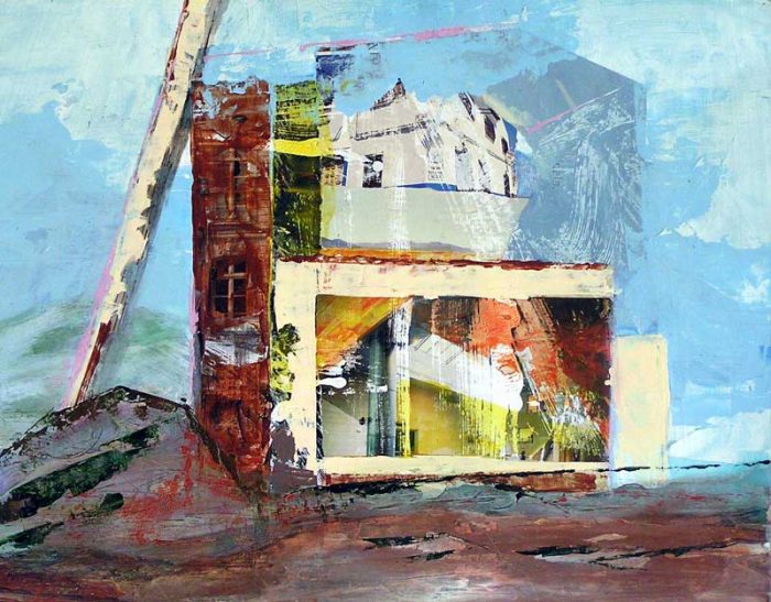 Interprétation d'une maison en ruine au moyen de collages et empreintes à la peinture acrylique.