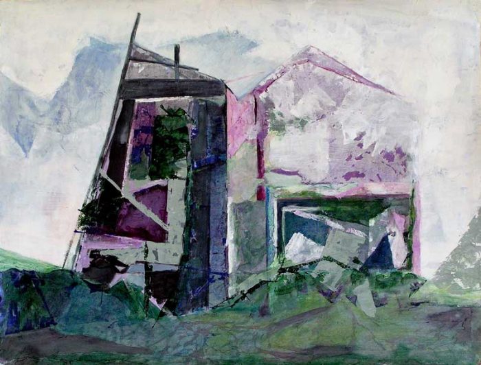 Interprétation d'une maison en ruine au moyen de collages et empreintes à la peinture acrylique.