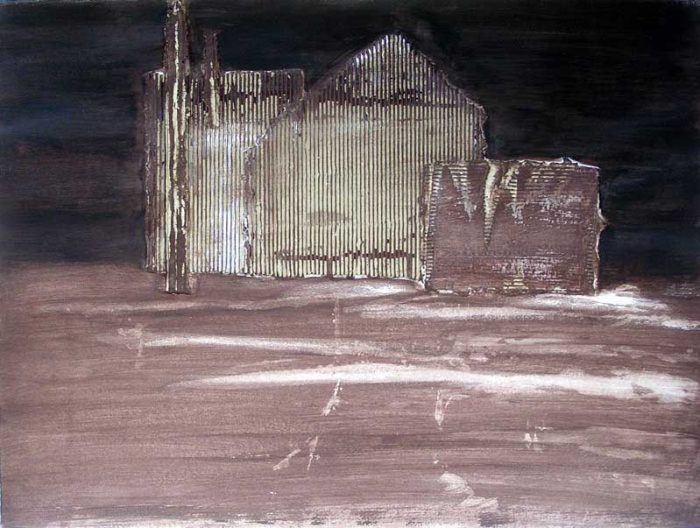 Interprétation d'une maison en ruine au moyen de collages et empreintes à la peinture acrylique.