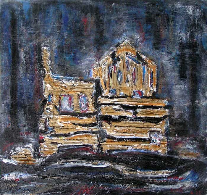 Interprétation d'une maison en ruine au moyen de collages et empreintes à la peinture acrylique.