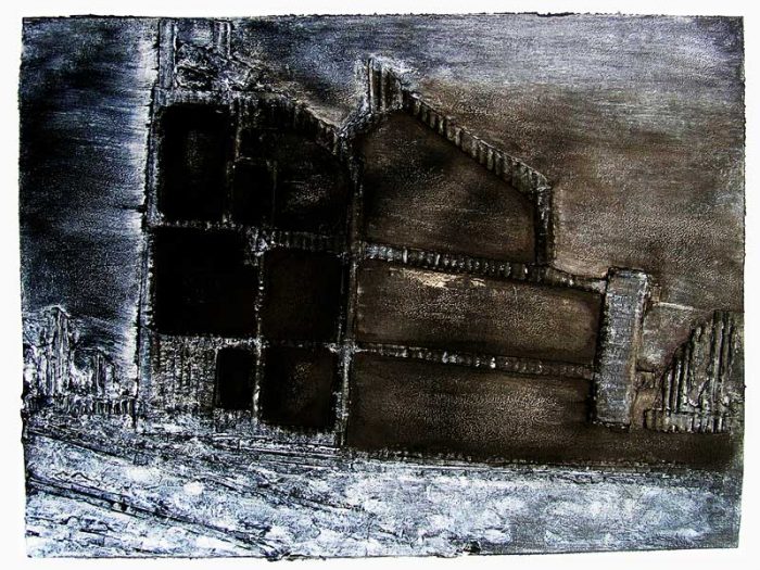 Interprétation d'une maison en ruine au moyen de collages et empreintes à la peinture acrylique.