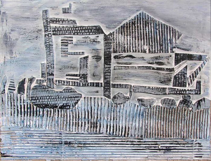 Interprétation d'une maison en ruine au moyen de collages et empreintes à la peinture acrylique.