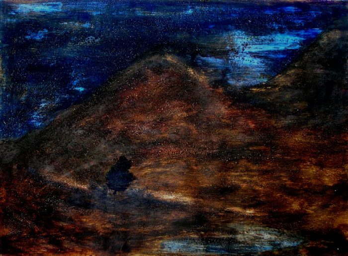 Yolande Bernard 2009 - Le rocher rêve de montagne - Acrylique et mortier sur papier.