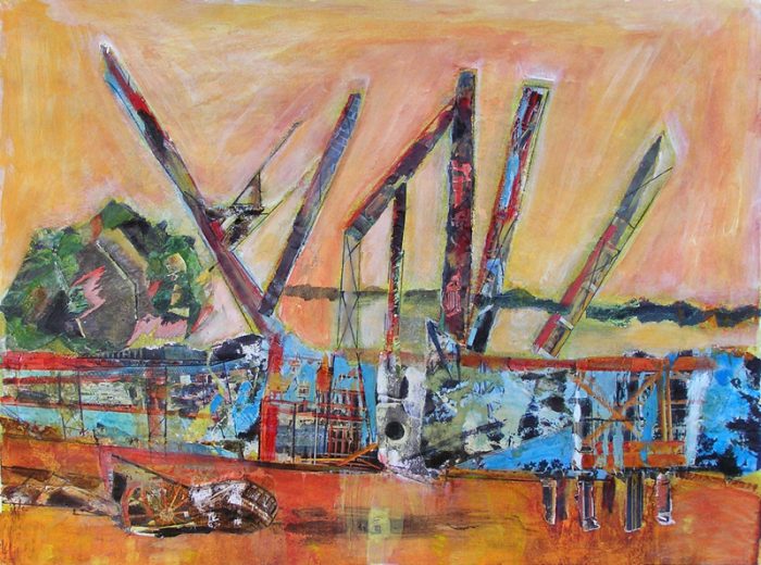 Gisèle Dubois 2009 - Grues et papillons - Acrylique sur collages