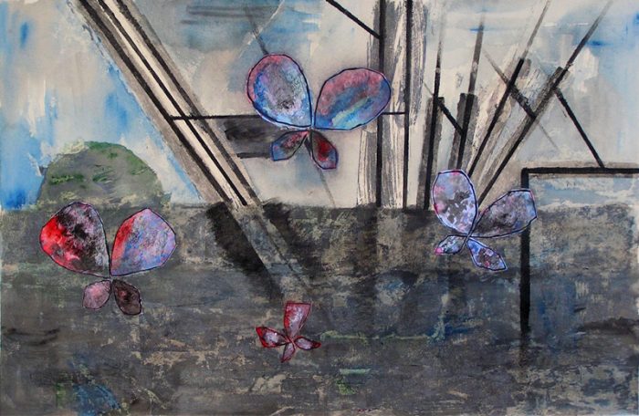 Janine Bailliez 2009 - Grues et papillons - Acrylique sur collages