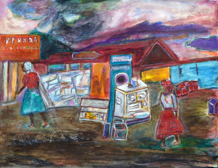 Madeleine Gautier-Brun 2018 - Marché rwandais en bord de route - Peinture sur papier 50 x 65 cm (I)