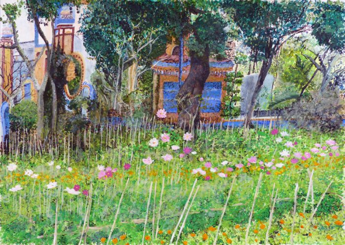 Isabelle Bisson 2018 - Jardin d'un temple bouddhiste au Vietnam -  Peinture acrylique sur papier.