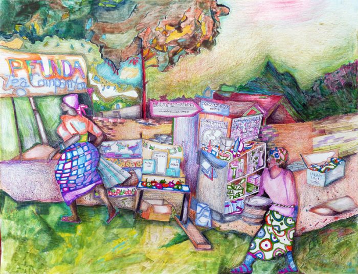 Marie Kresser-Verbois 2018 - Petit marché sur la route de Kigali - Acrylique et crayons de couleur sur papier 50 x 65 cm