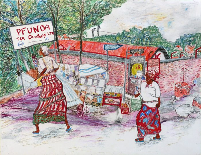 Mireille Vincent 2018 - Marché sur le bord de la route menant à Kigali - Pastel gras sur papier