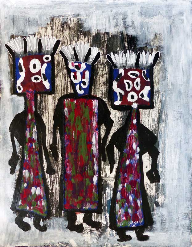 Elise Desvaux Nsongo - N°148 - Trois figures - Peintures sur papier 50 x 65 cm - 2018