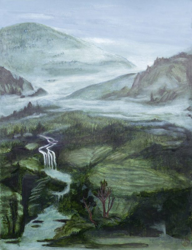 Yolande Bernard 2019 - Paysage à la cascade - Acrylique sur papier 50 x 65 cm