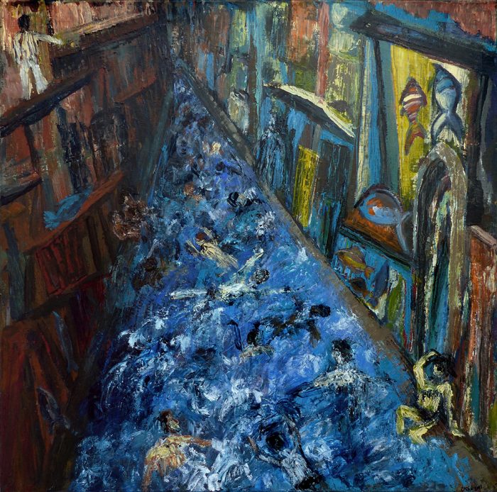 Ladin Sabras 2021 - Baignade nocturne dans la rue (I) - Acrylique sur toile 80 x 80 cm