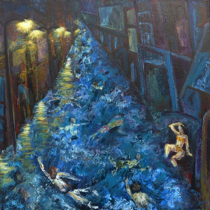 Ladin Sabras 2021 - Baignade nocturne dans la rue (I) - Acrylique sur toile 80 x 80 cm
