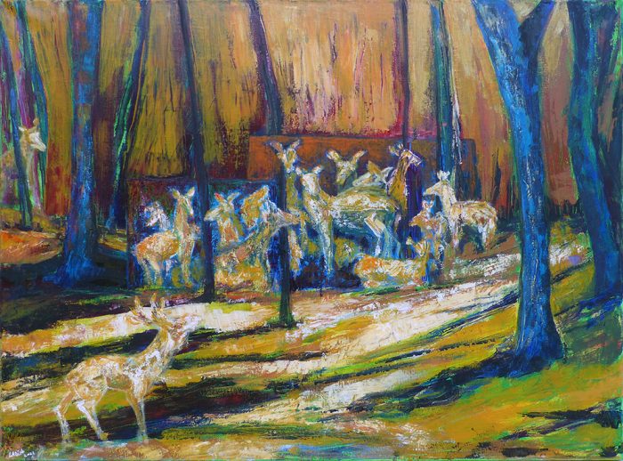 Ladin Sabras 2021 - Images de biches dans une image de sous-bois - Acrylique sur toile