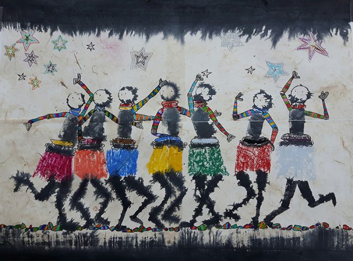 Marie Kresser-Verbois 2021 - Petites chanteuses de rue - Encre et collages sur papier