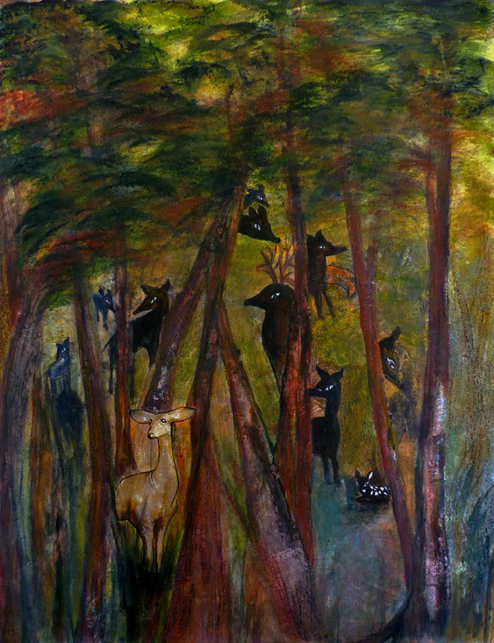 Mireille Vincent 2021 - Menace sur la biche dans le sous-bois - Sujet n°260 - Acrylique sur papier 50 x 65 cm