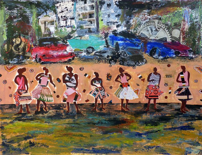 Mireille Vincent 2021 - Chanteuses de rue - Sujet n°259 - Acrylique et collages sur papier 50 x 65 cm