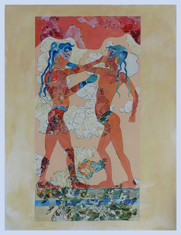 Isabelle Bisson 2022 - Lutteurs et poissons - Acrylique sur papier 50 x 65 cm - Sujet n°272
