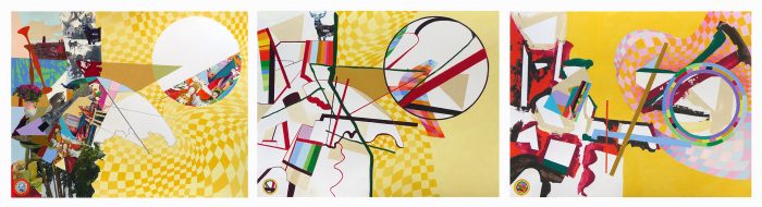 Isabelle Bisson 2022 - Peinture en neuf mois - Triptyque - Acrylique et collages sur papier 3 x 50 x 65 cm - Sujet n°275