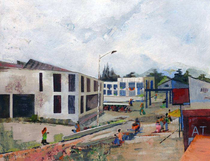 Marie Kresser-Verbois 2022 - Sujet n°270 - Kibuye, Rwanda, Grande rue, petite ville - Acrylique sur papier 50 x 65 cm