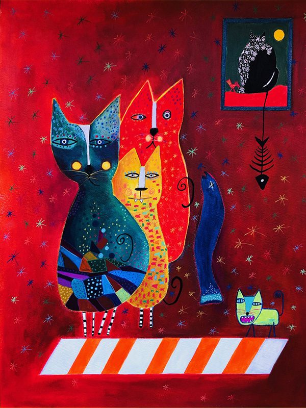 Mireille Vincent 2020 - Trois petits chats peu recommandables - Sujet n°251 - Acrylique et stylo sur papier 50 x 65 cm