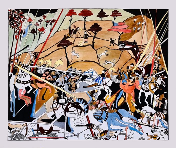 Mireille Vincent 2020 - D'Uccello à Picasso, la bataille de San Romano - Sujet n°252 - Lavis d'acrylique et stylo sur papier
