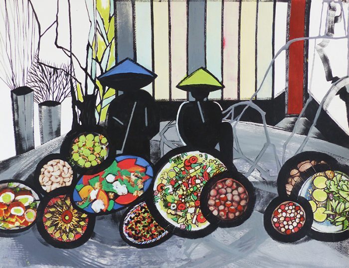 Marie Kresser-Verbois 2023 -  Sujet n°279 - Vietnamiennes au marché (I) - Acrylique, collages et Posca sur papier 50 x 65 cm