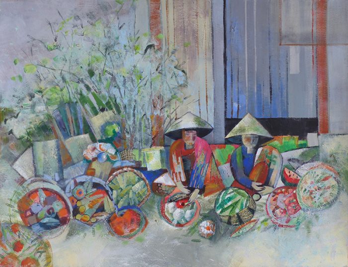 Marie Kresser-Verbois 2023 -  Sujet n°279 - Vietnamiennes au marché (II) - Acrylique sur papier 50 x 65 cm