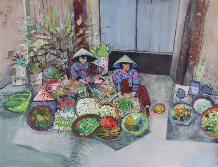 Marie Kresser-Verbois 2023 -  Sujet n°279 - Vietnamiennes au marché (III) - Acrylique sur papier 50 x 65 cm