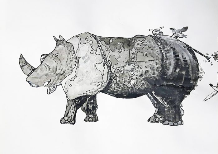 Marie Kresser-Verbois 2024 - Sujet n°292 - Imagination de la mémoire, sous forme de rhinocéros - Lavis et stylo, sur papier 50 x 65 cm