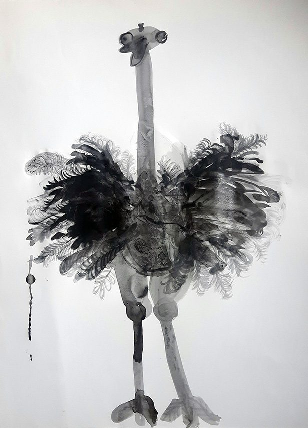 Marie Kresser-Verbois 2024 - Sujet n°292 - Imagination de la mémoire, sous forme d'autruche - Lavis sur papier 50 x 65 cm