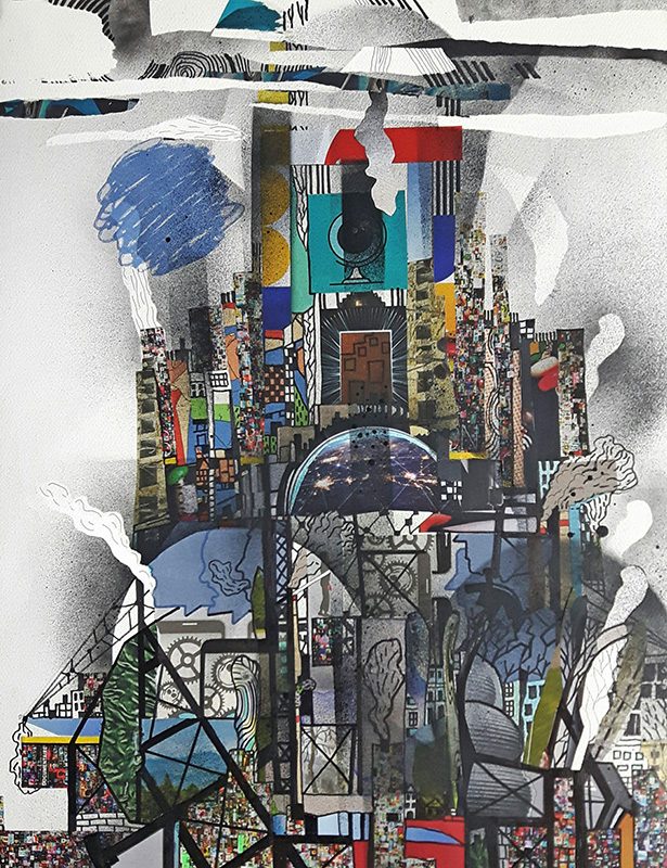 Marie Kresser-Verbois 2024 - Sujet n°293 - Architecture-machine - Acrylique, collage, bombage, Posca, sur papier 50 x 65 cm
